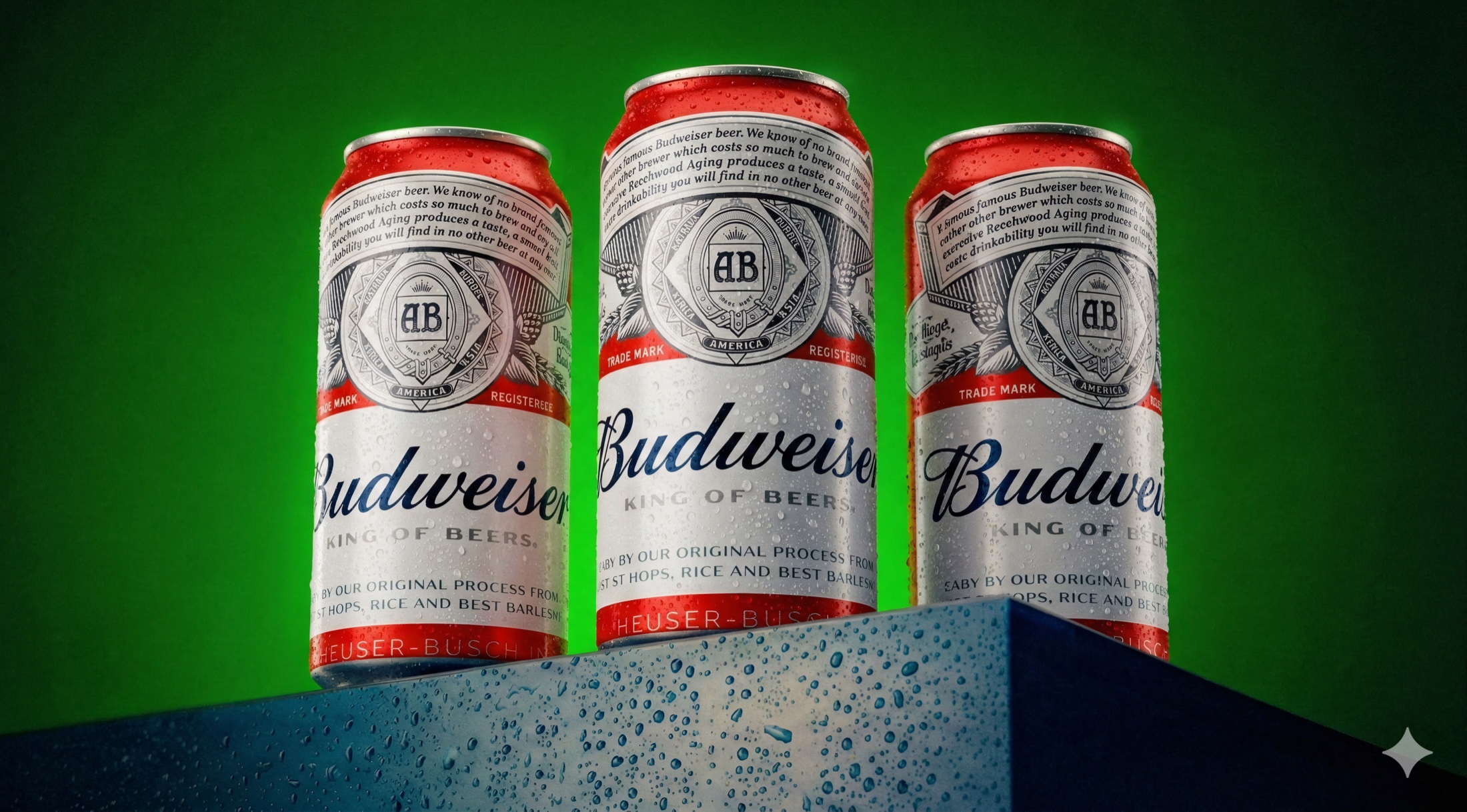 Latas com rótulo Budweiser — composição final com IA