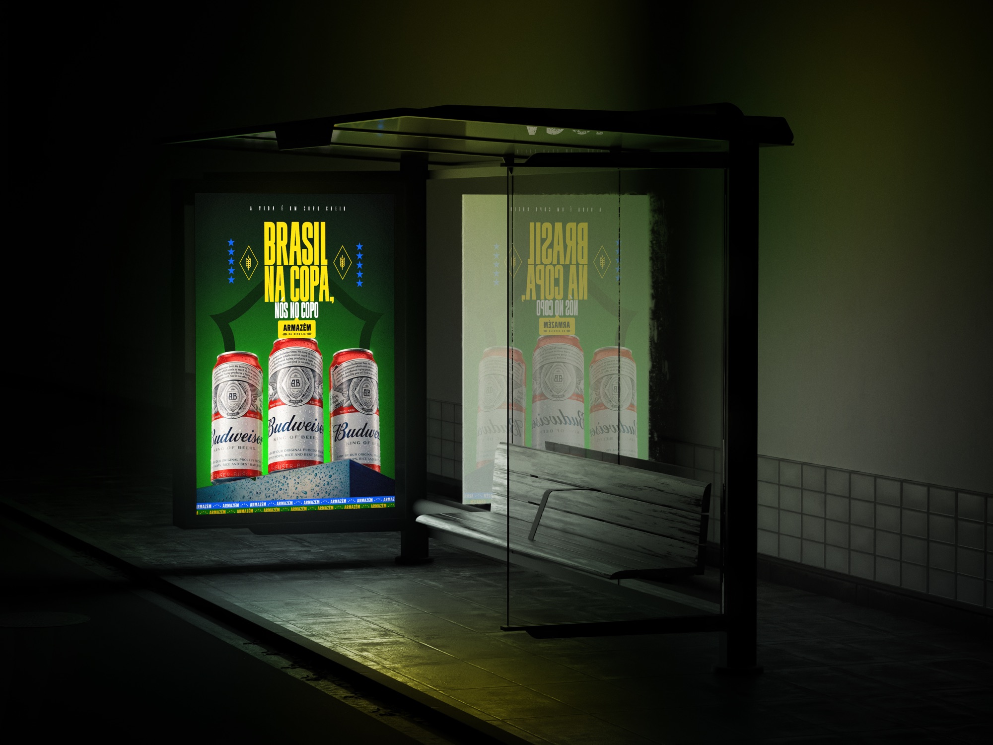 Abrigo de ônibus iluminado com a campanha